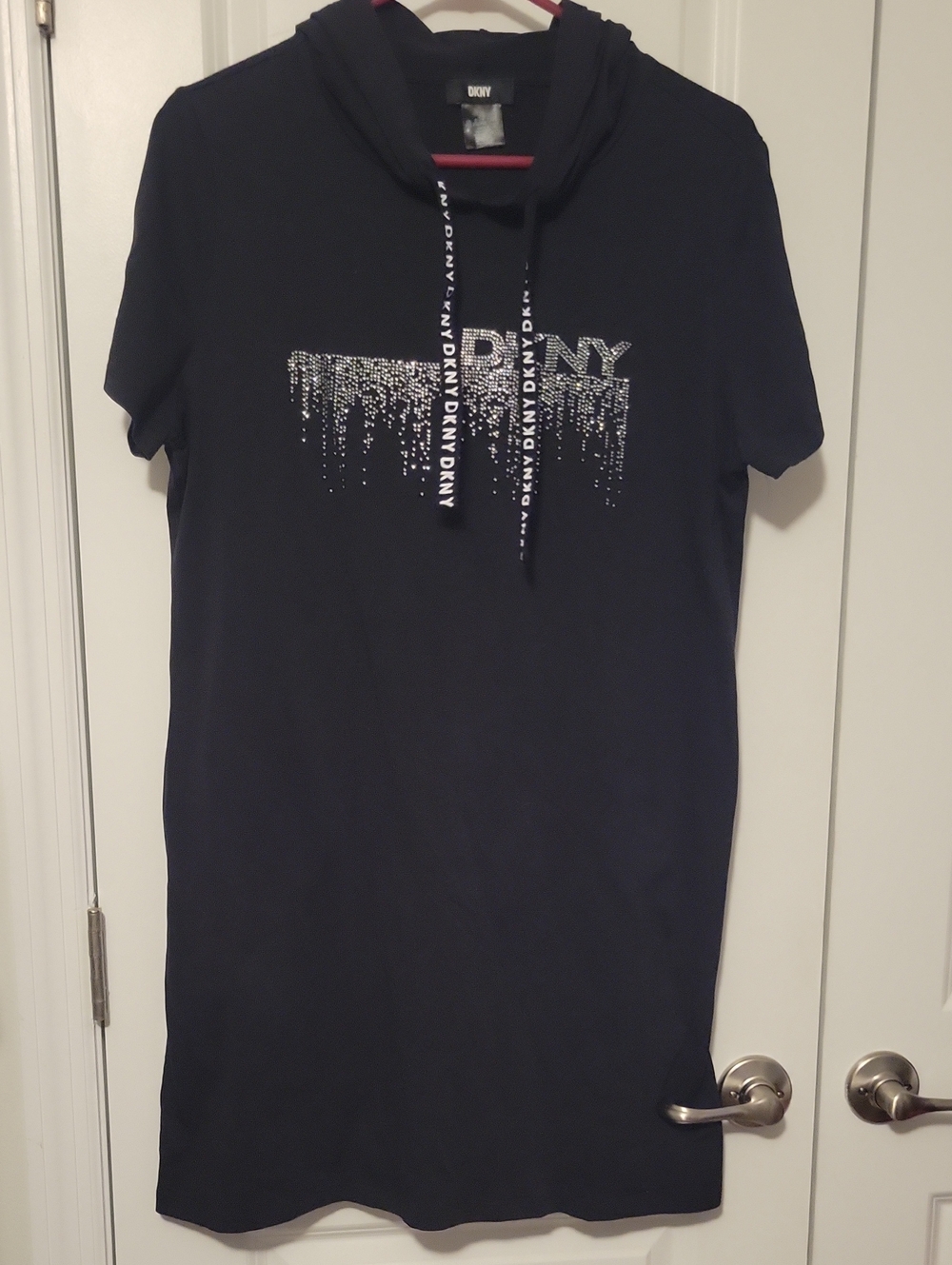 Women's DKNY Black Short Sleeve Hoodie Dress with Rhinestone Logo